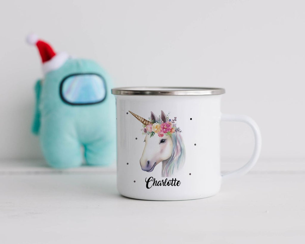 Emaille Tasse Einhorn mit Blumen - von Mikalino