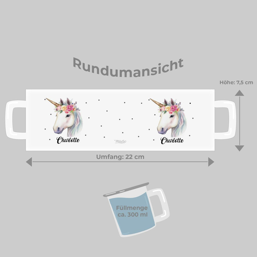 Emaille Tasse Einhorn mit Blumen - von Mikalino