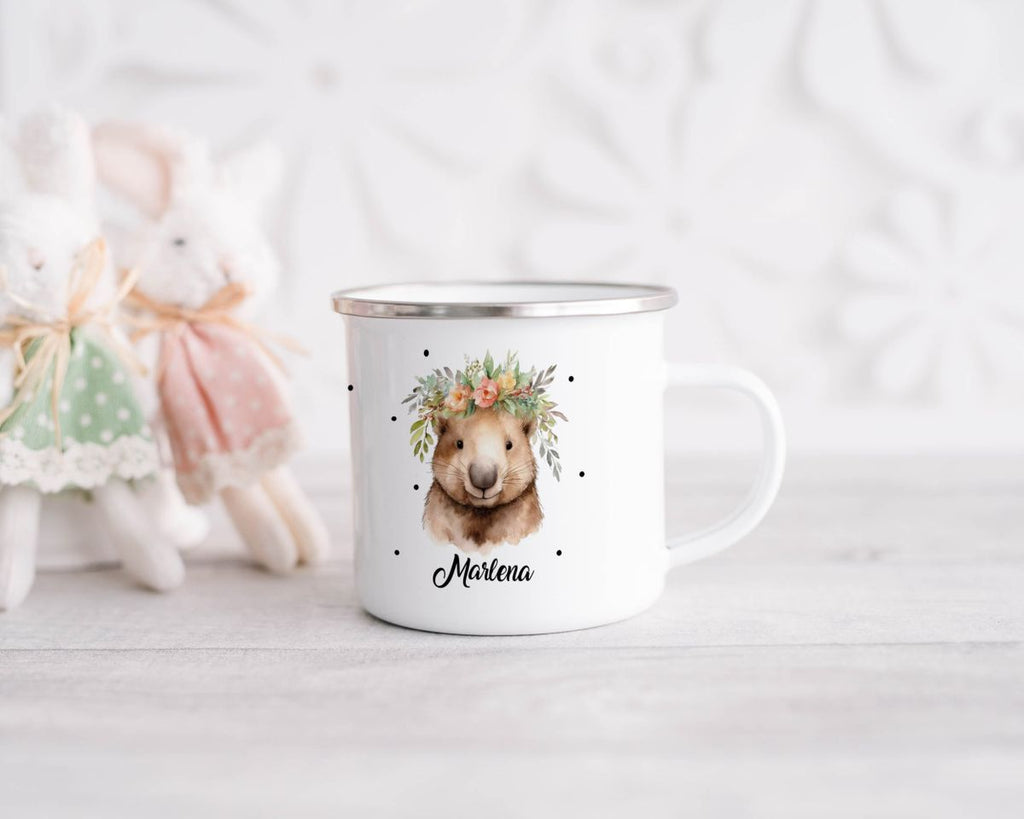 Emaille Tasse Hamster mit Blumen - von Mikalino