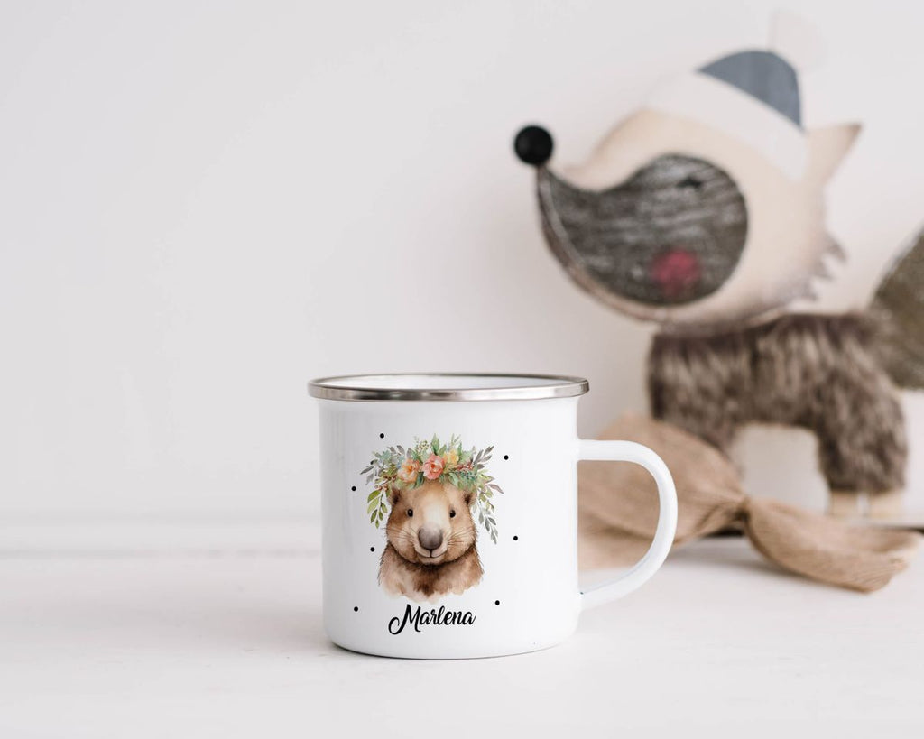 Emaille Tasse Hamster mit Blumen - von Mikalino