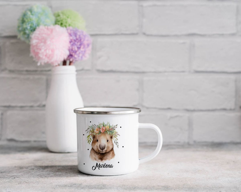 Emaille Tasse Hamster mit Blumen - von Mikalino