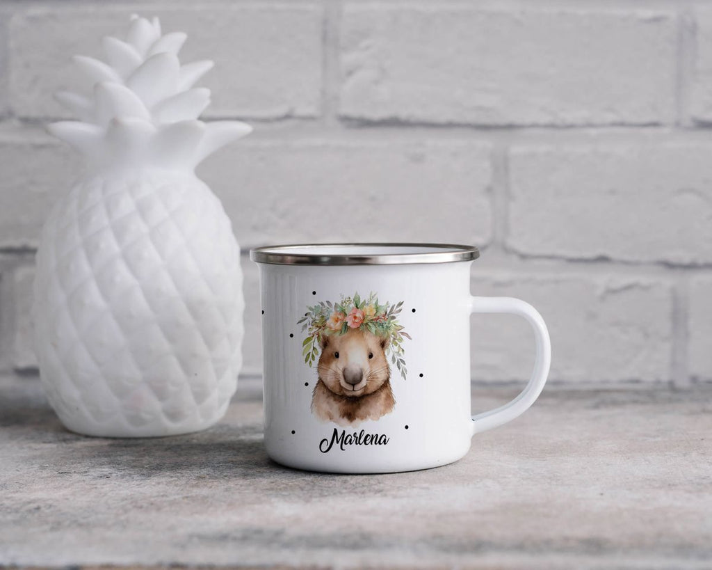 Emaille Tasse Hamster mit Blumen - von Mikalino