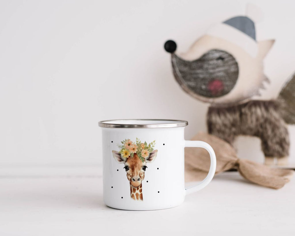 Emaille Tasse Giraffe mit Blumen - von Mikalino