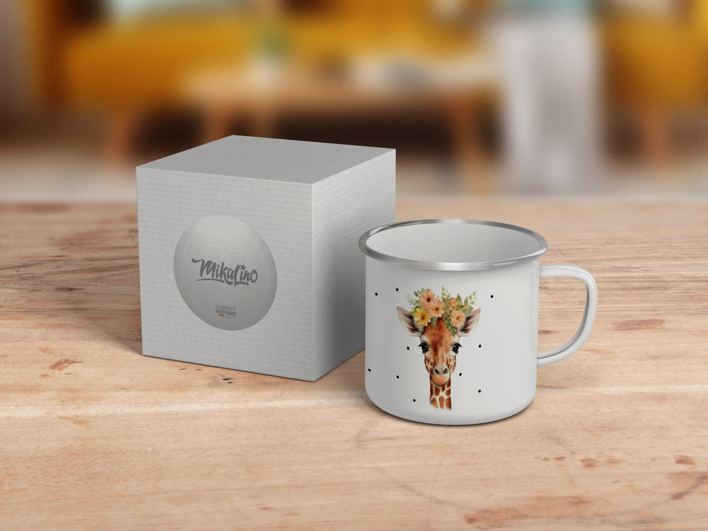 Emaille Tasse Giraffe mit Blumen - von Mikalino