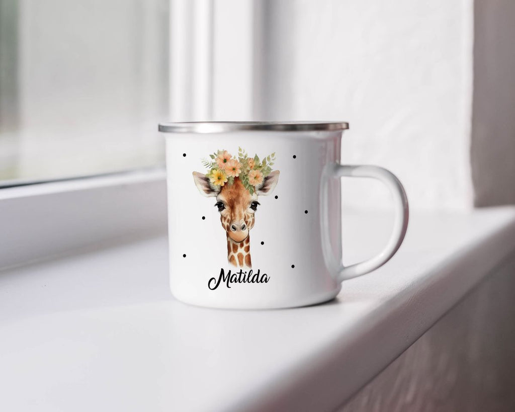 Emaille Tasse Giraffe mit Blumen - von Mikalino