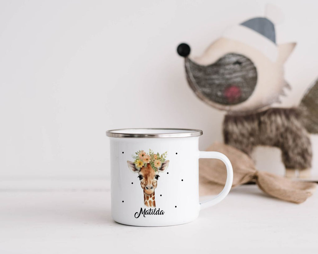 Emaille Tasse Giraffe mit Blumen - von Mikalino