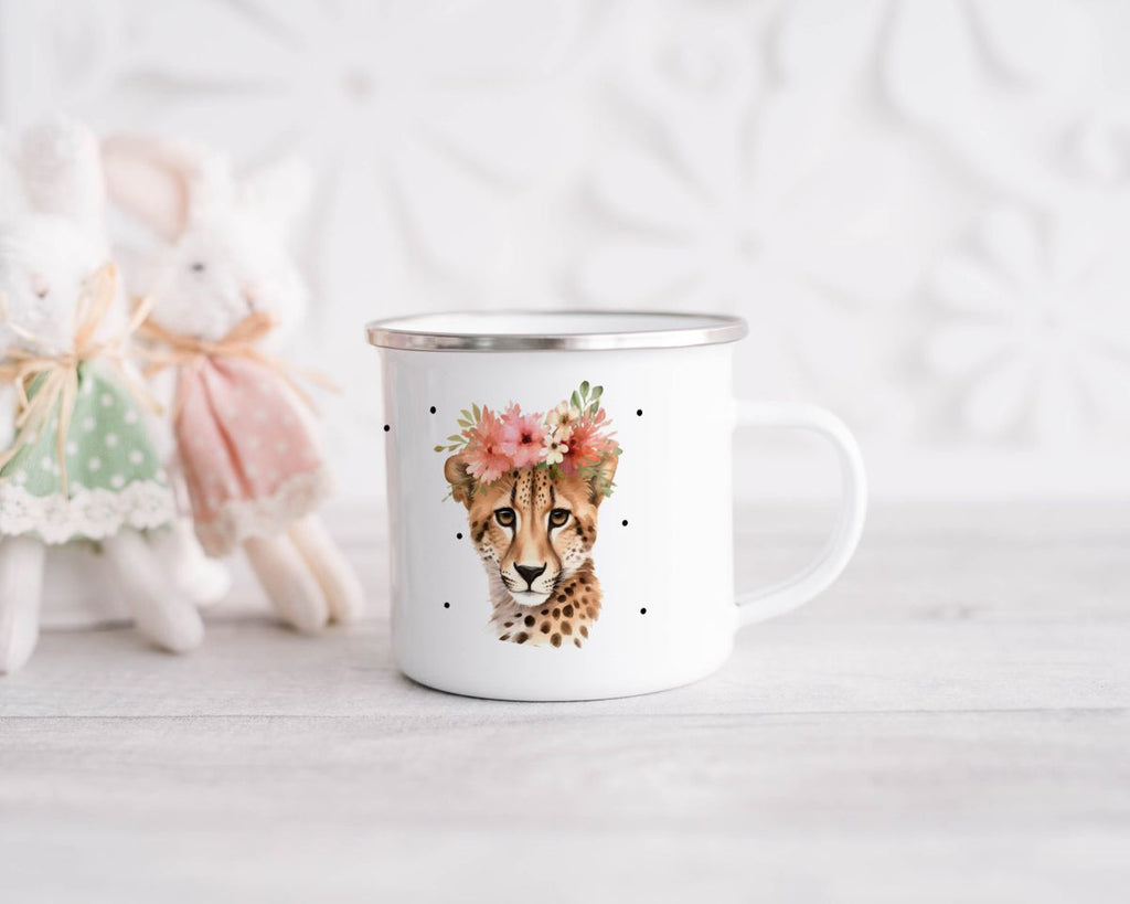 Emaille Tasse Leopard mit Blumen - von Mikalino