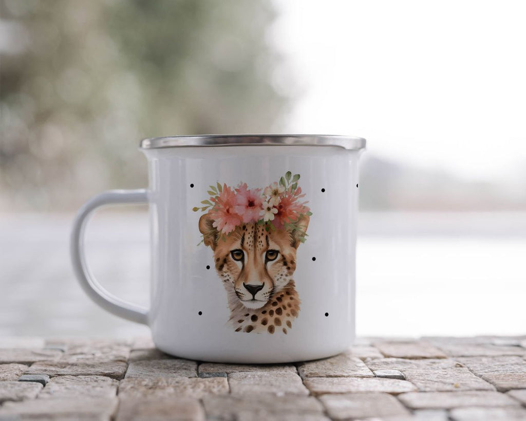 Emaille Tasse Leopard mit Blumen - von Mikalino