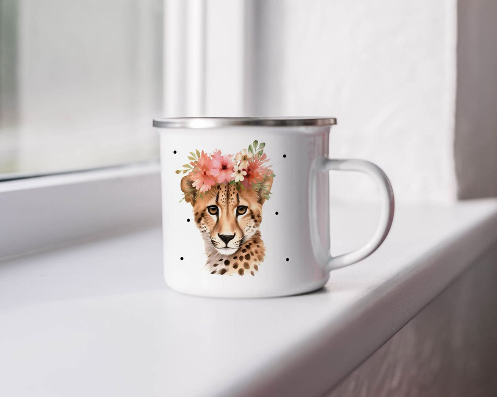 Emaille Tasse Leopard mit Blumen - von Mikalino