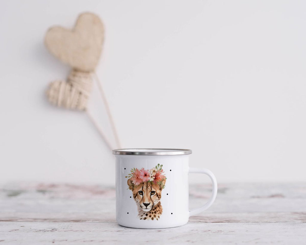 Emaille Tasse Leopard mit Blumen - von Mikalino