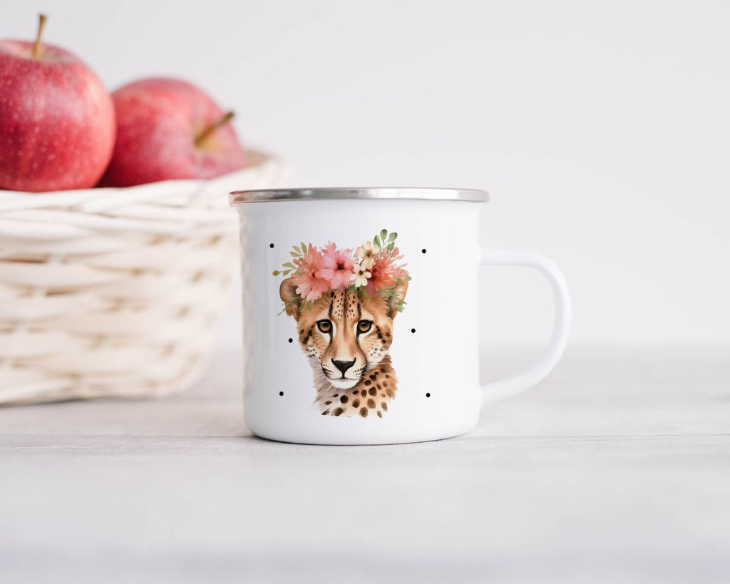 Emaille Tasse Leopard mit Blumen - von Mikalino