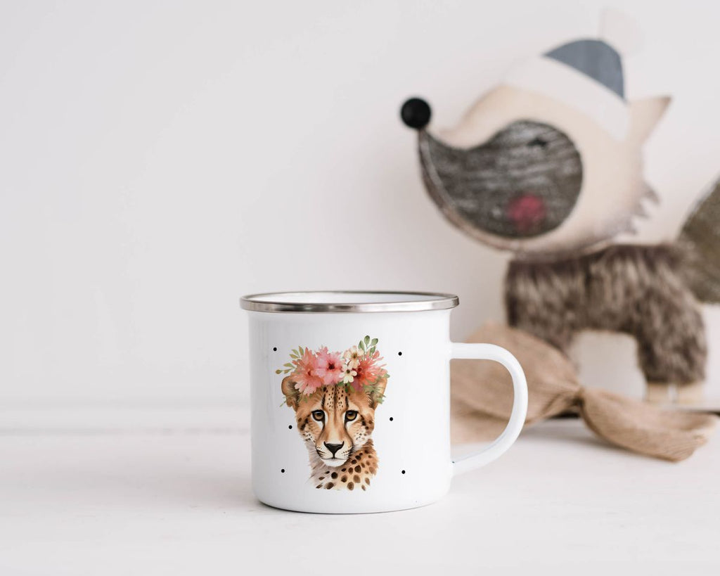 Emaille Tasse Leopard mit Blumen - von Mikalino