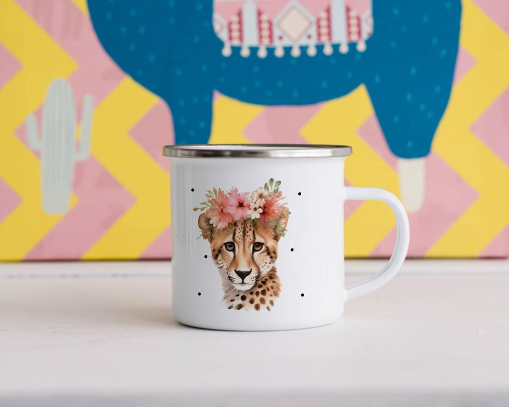 Emaille Tasse Leopard mit Blumen - von Mikalino