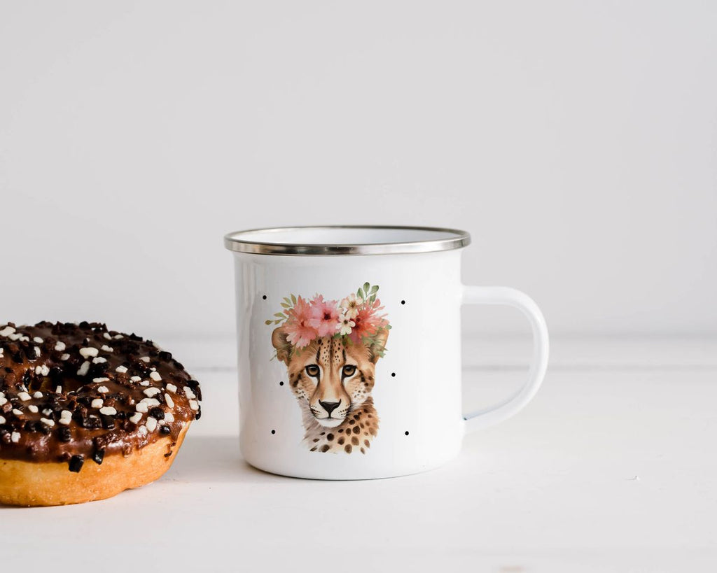 Emaille Tasse Leopard mit Blumen - von Mikalino