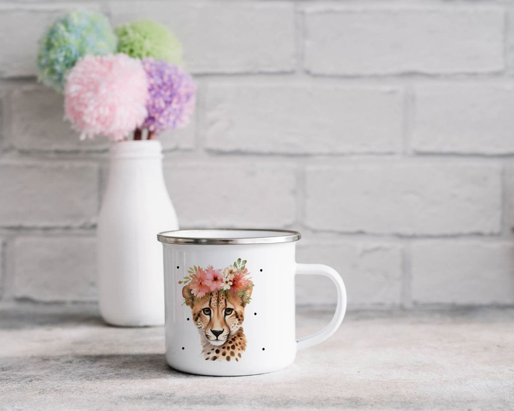 Emaille Tasse Leopard mit Blumen - von Mikalino