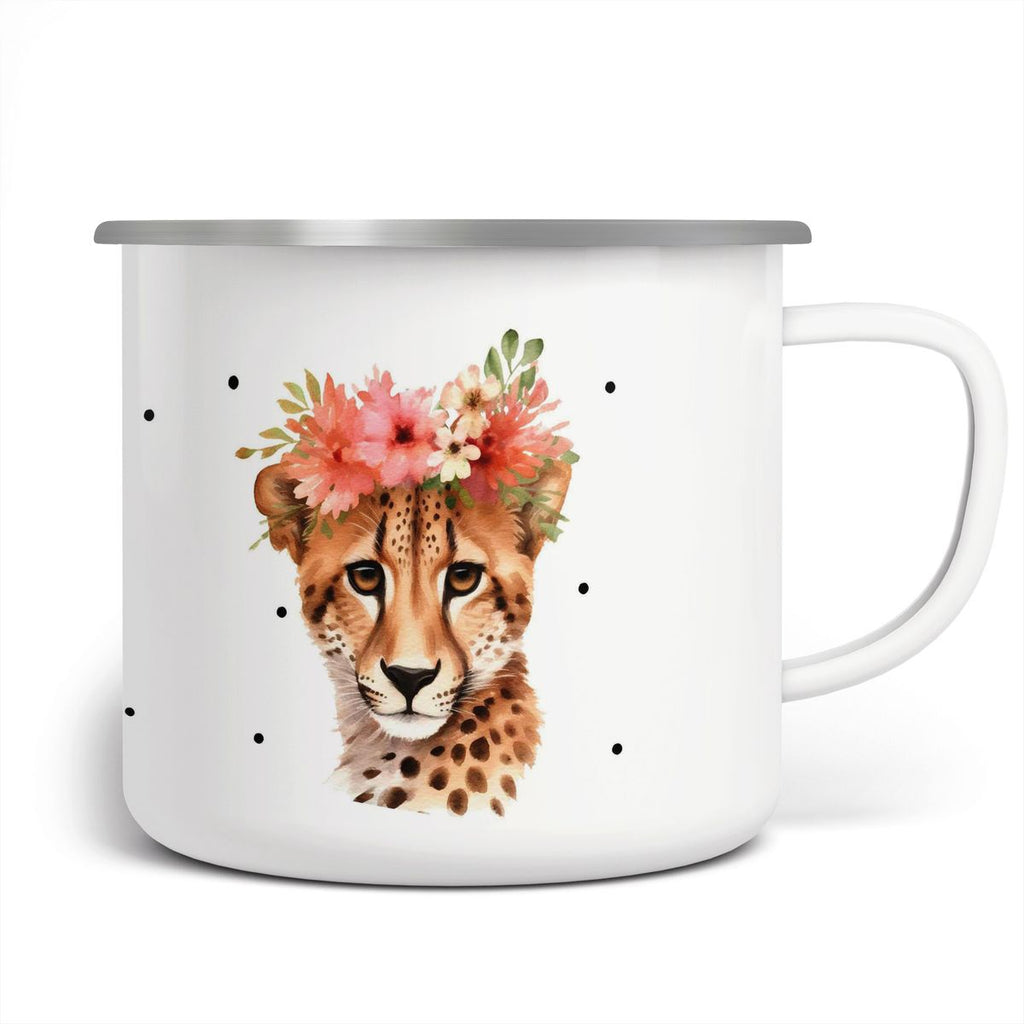 Emaille Tasse Leopard mit Blumen - von Mikalino