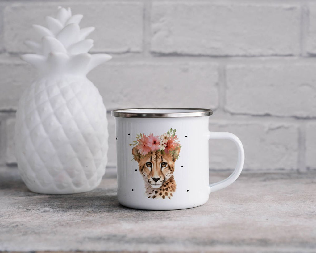 Emaille Tasse Leopard mit Blumen - von Mikalino