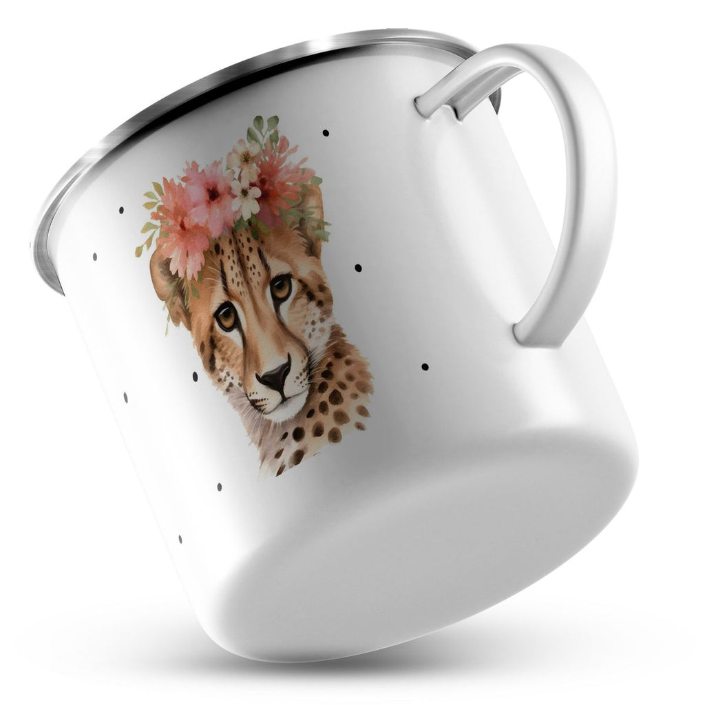 Emaille Tasse Leopard mit Blumen - von Mikalino