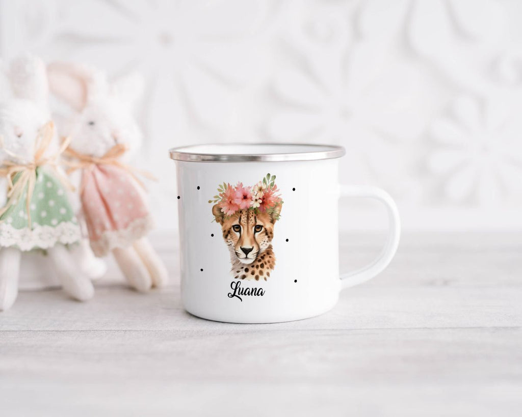 Emaille Tasse Leopard mit Blumen - von Mikalino