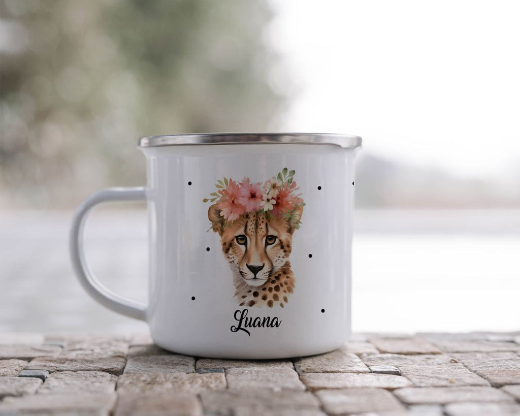 Emaille Tasse Leopard mit Blumen - von Mikalino