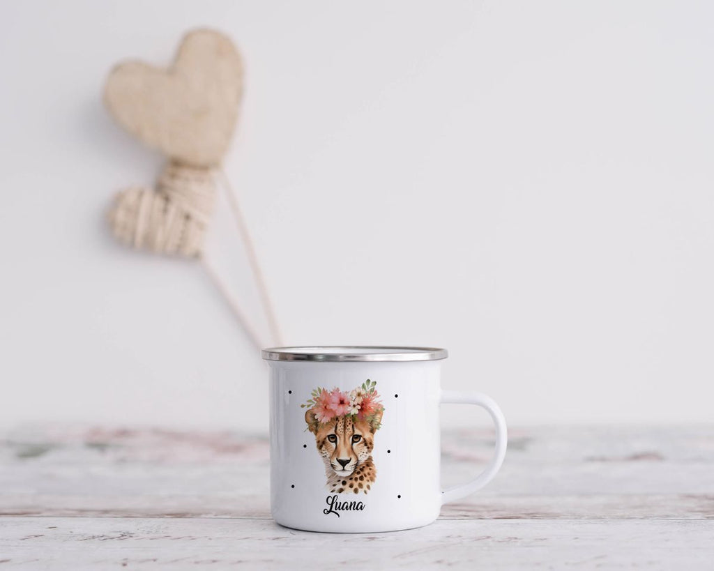 Emaille Tasse Leopard mit Blumen - von Mikalino