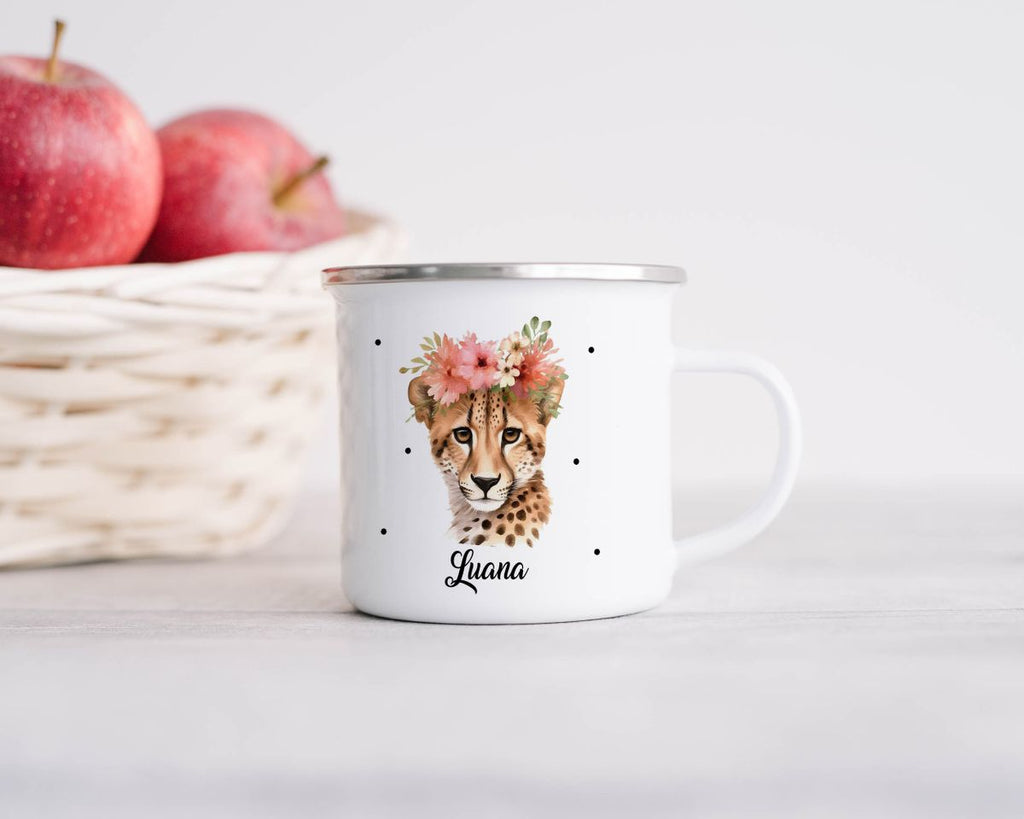 Emaille Tasse Leopard mit Blumen - von Mikalino