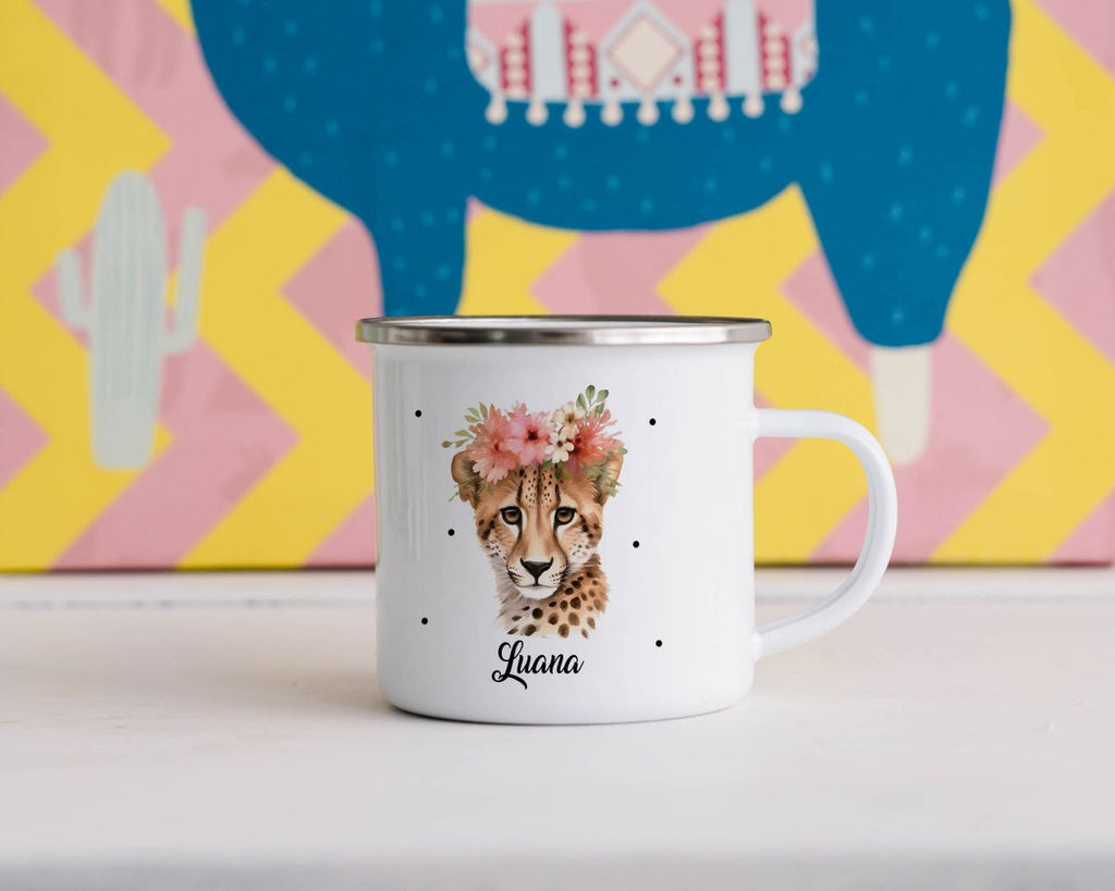 Emaille Tasse Leopard mit Blumen - von Mikalino