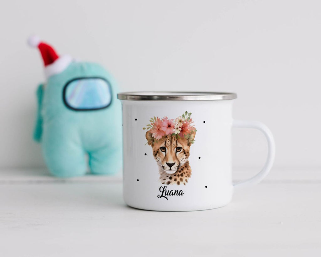 Emaille Tasse Leopard mit Blumen - von Mikalino