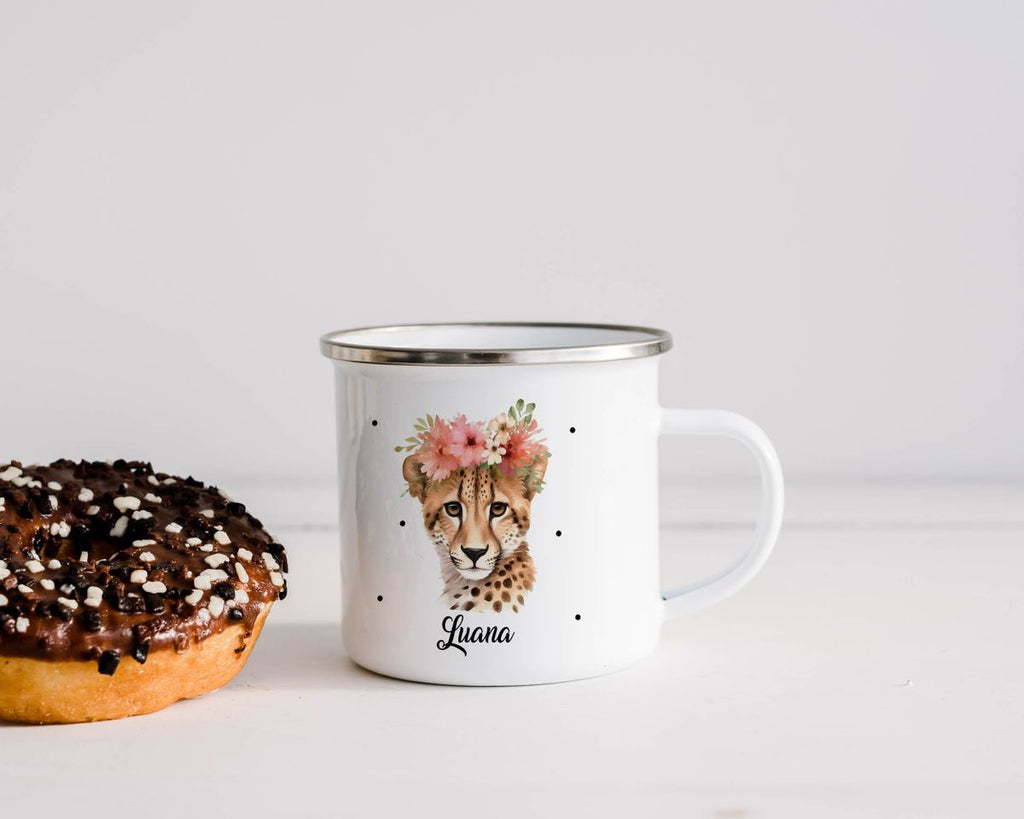 Emaille Tasse Leopard mit Blumen - von Mikalino