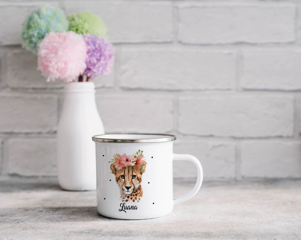 Emaille Tasse Leopard mit Blumen - von Mikalino