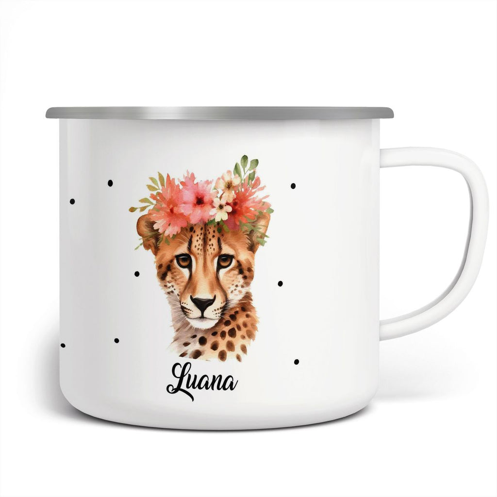 Emaille Tasse Leopard mit Blumen - von Mikalino