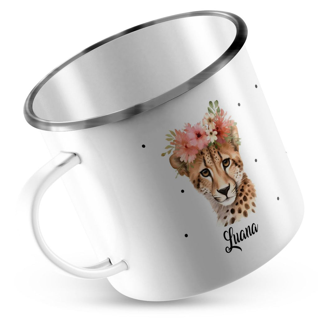 Emaille Tasse Leopard mit Blumen - von Mikalino