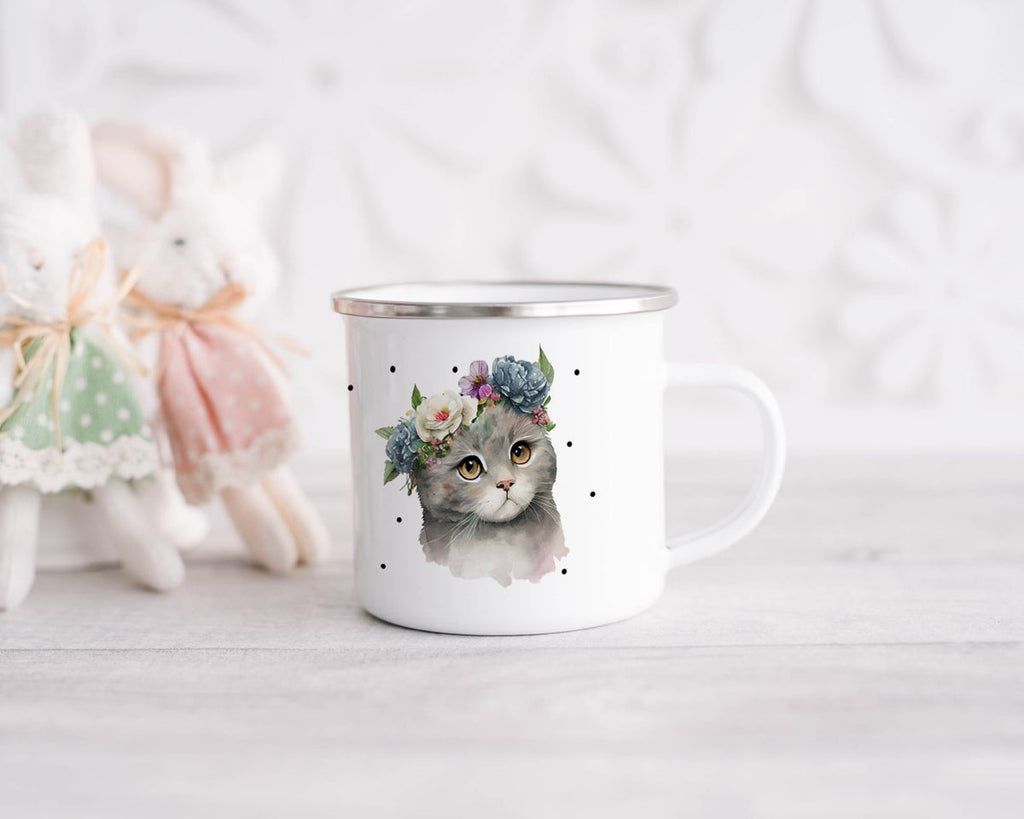 Emaille Tasse Katze mit Blumen - von Mikalino