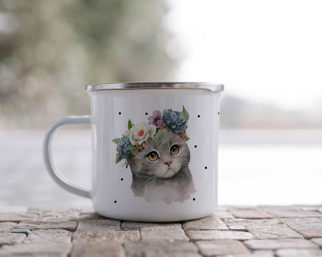 Emaille Tasse Katze mit Blumen - von Mikalino