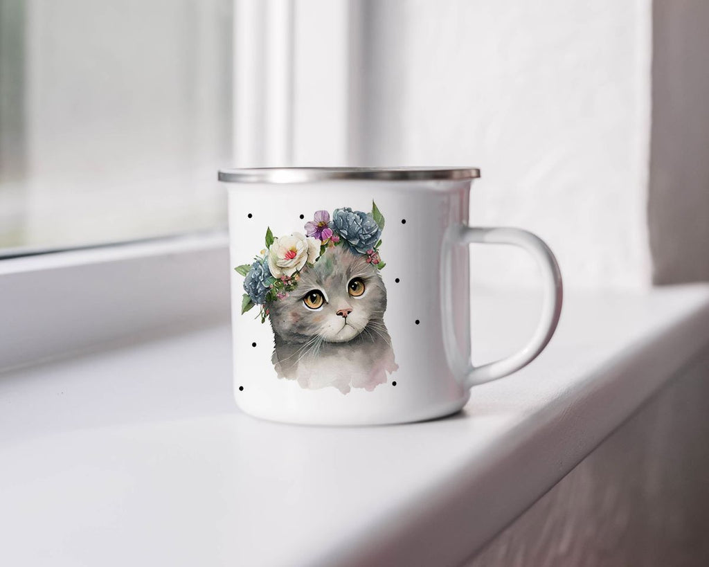 Emaille Tasse Katze mit Blumen - von Mikalino