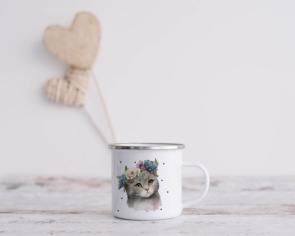 Emaille Tasse Katze mit Blumen - von Mikalino