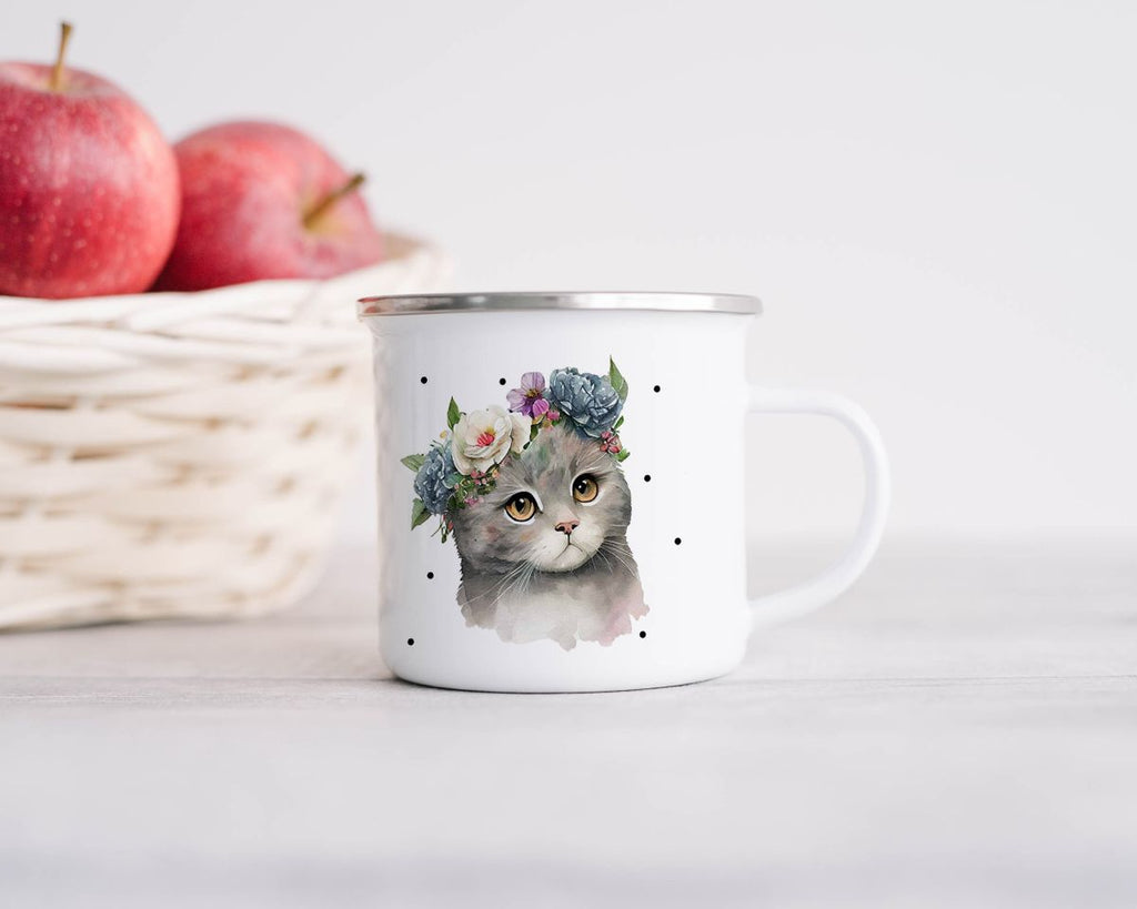 Emaille Tasse Katze mit Blumen - von Mikalino