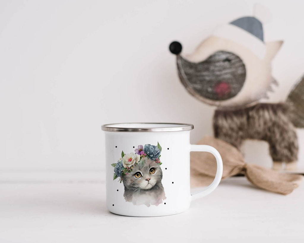 Emaille Tasse Katze mit Blumen - von Mikalino