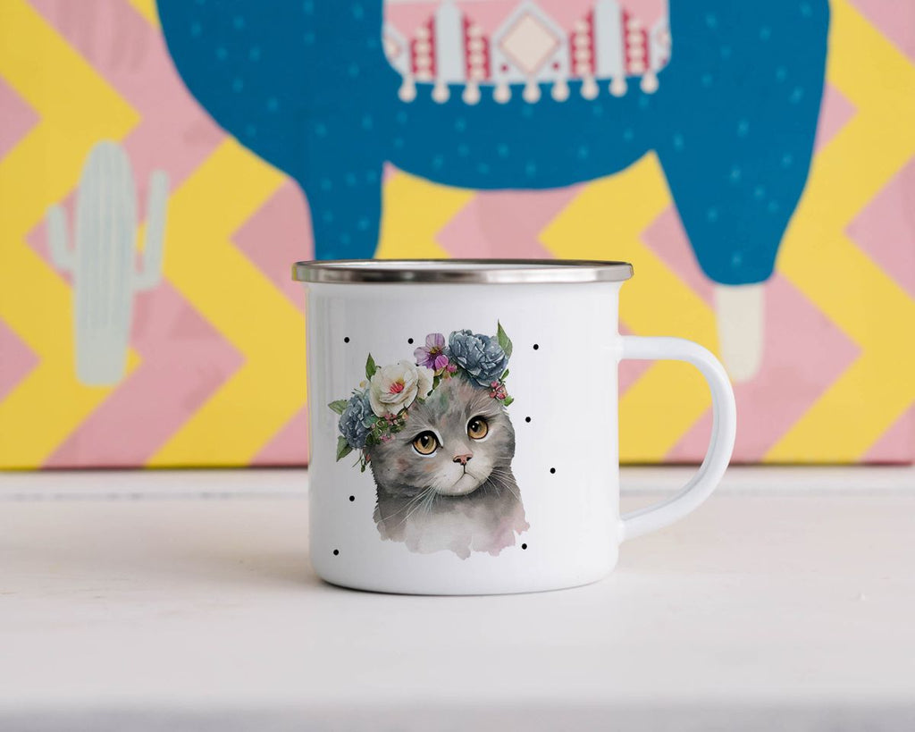 Emaille Tasse Katze mit Blumen - von Mikalino