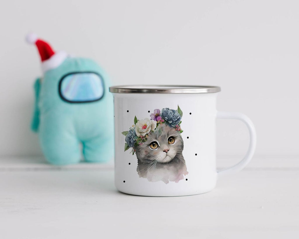 Emaille Tasse Katze mit Blumen - von Mikalino