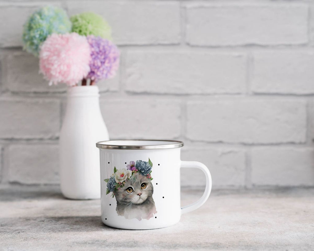 Emaille Tasse Katze mit Blumen - von Mikalino