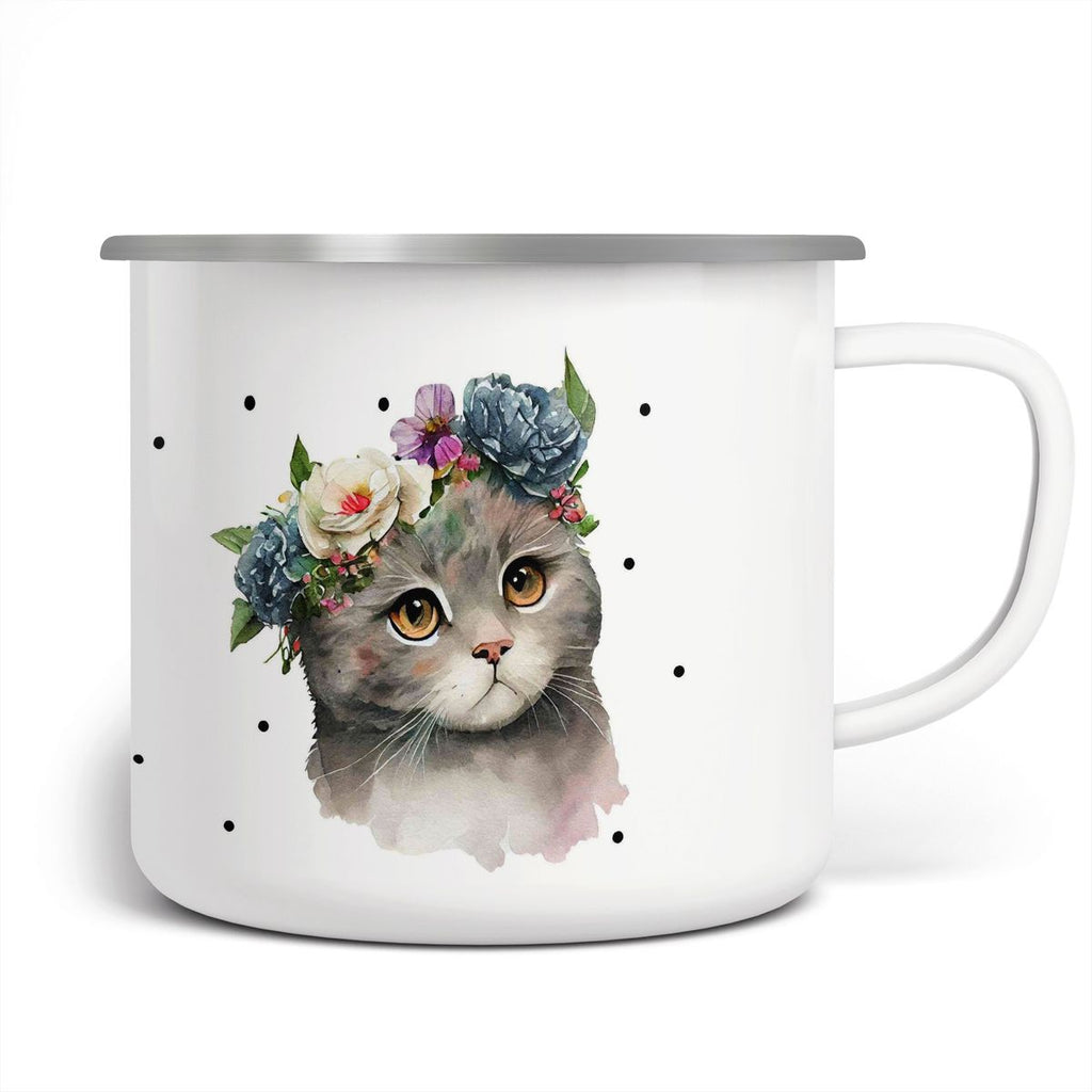 Emaille Tasse Katze mit Blumen - von Mikalino