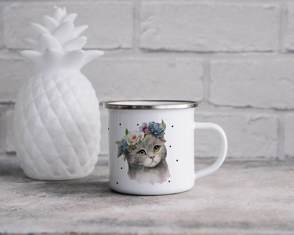 Emaille Tasse Katze mit Blumen - von Mikalino