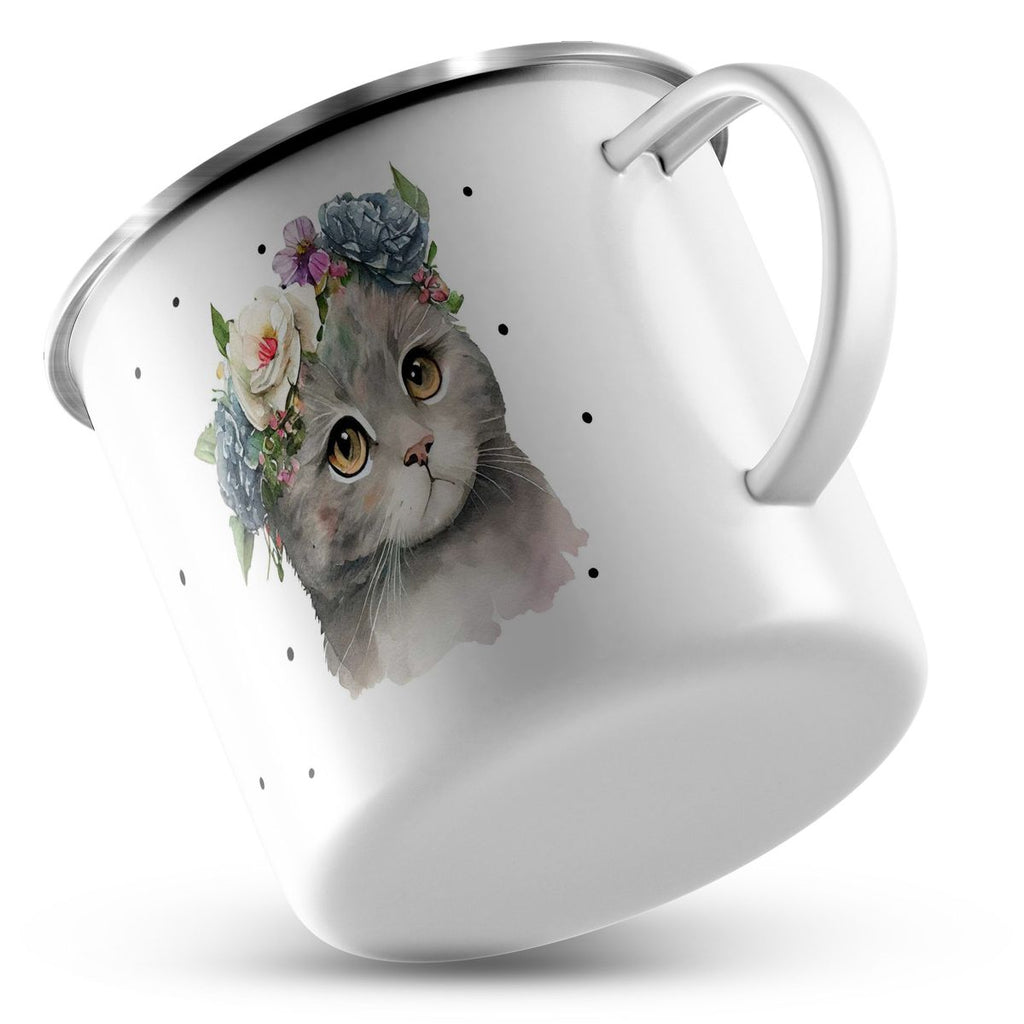 Emaille Tasse Katze mit Blumen - von Mikalino