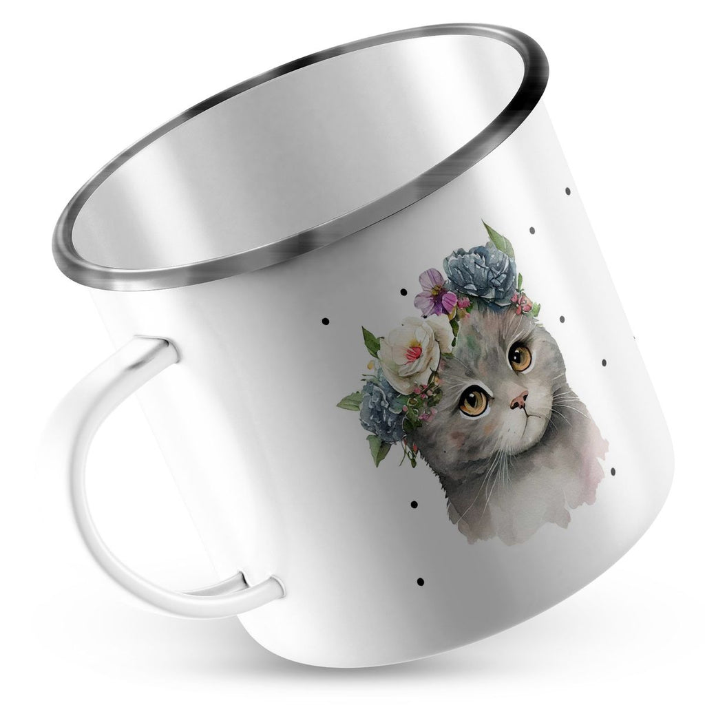 Emaille Tasse Katze mit Blumen - von Mikalino