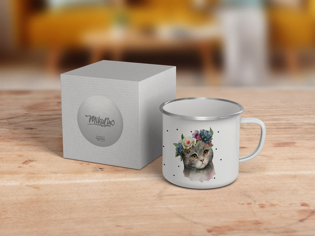 Emaille Tasse Katze mit Blumen - von Mikalino