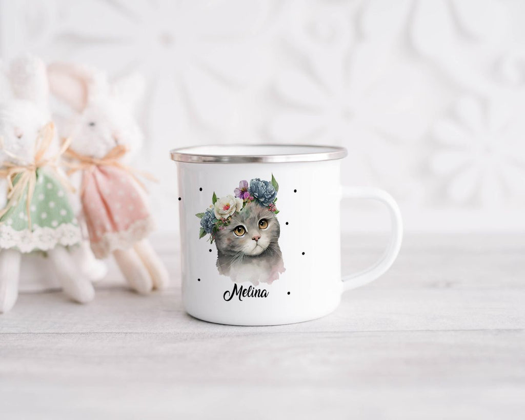 Emaille Tasse Katze mit Blumen - von Mikalino