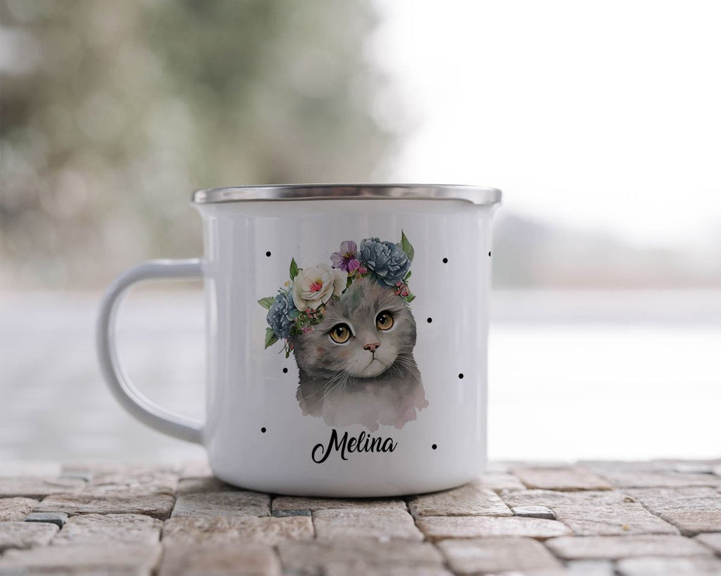 Emaille Tasse Katze mit Blumen - von Mikalino