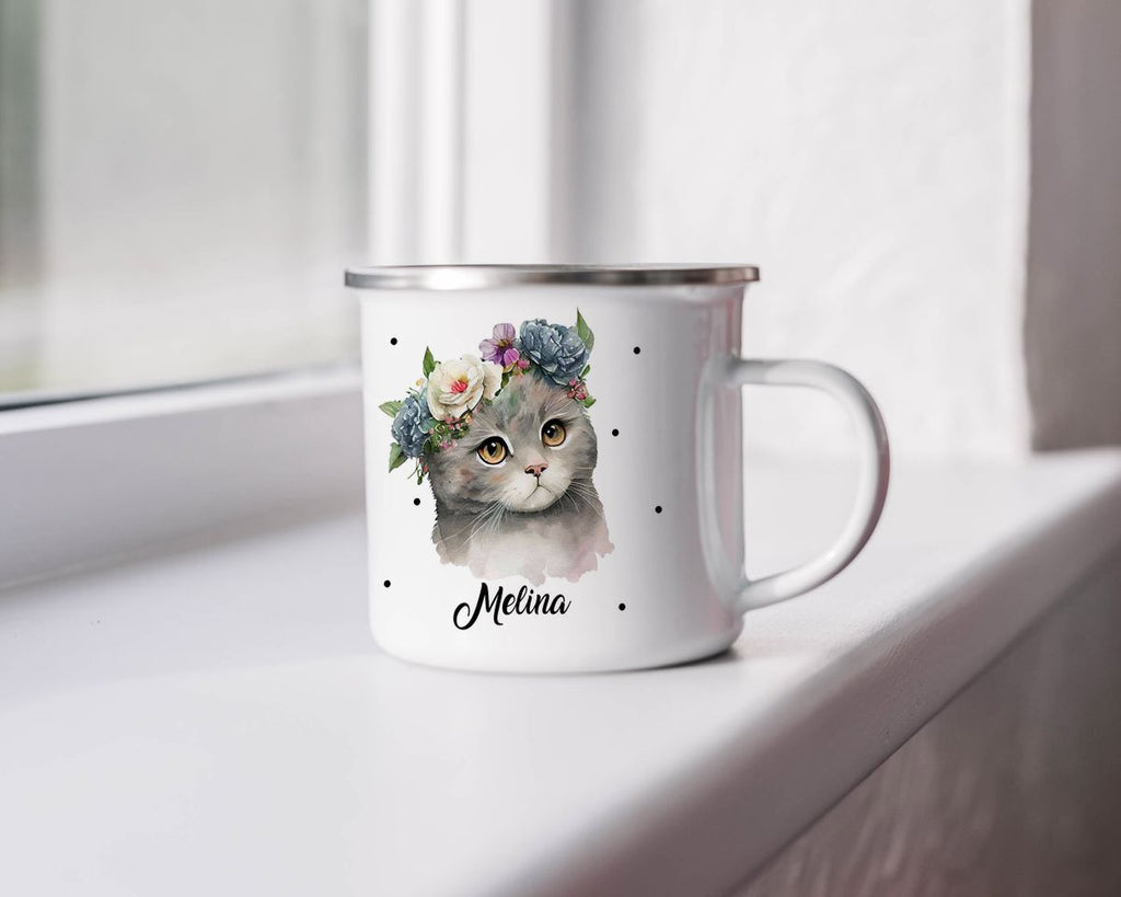 Emaille Tasse Katze mit Blumen - von Mikalino