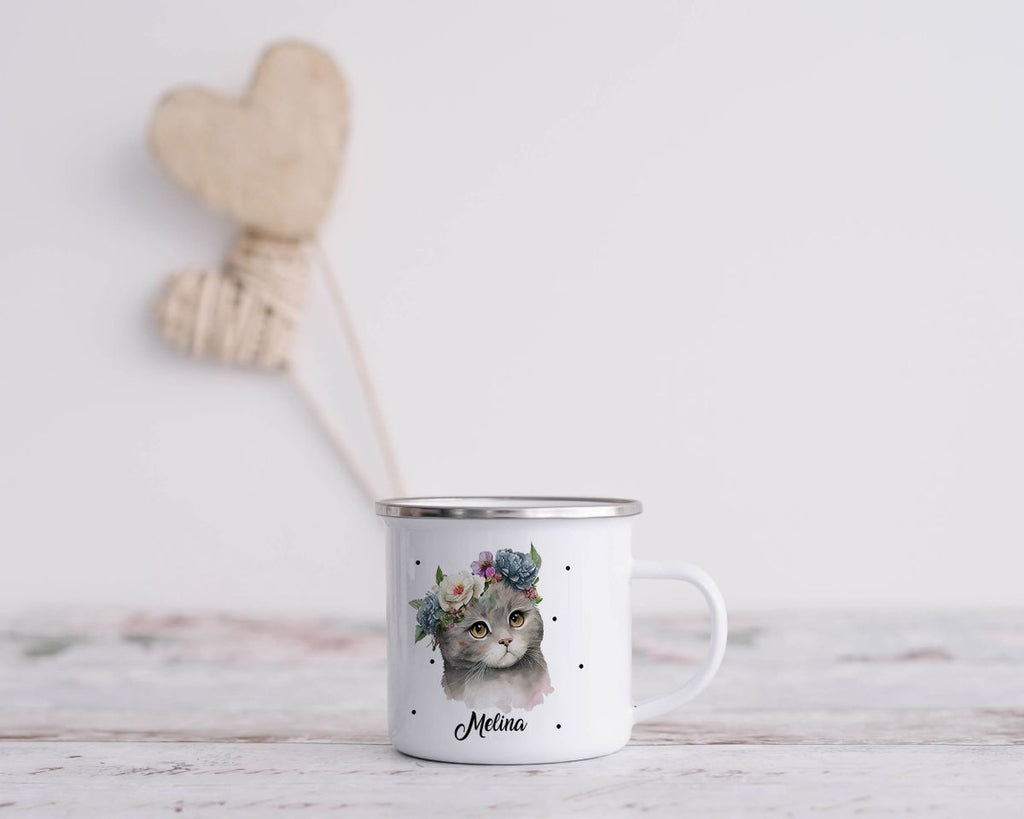 Emaille Tasse Katze mit Blumen - von Mikalino